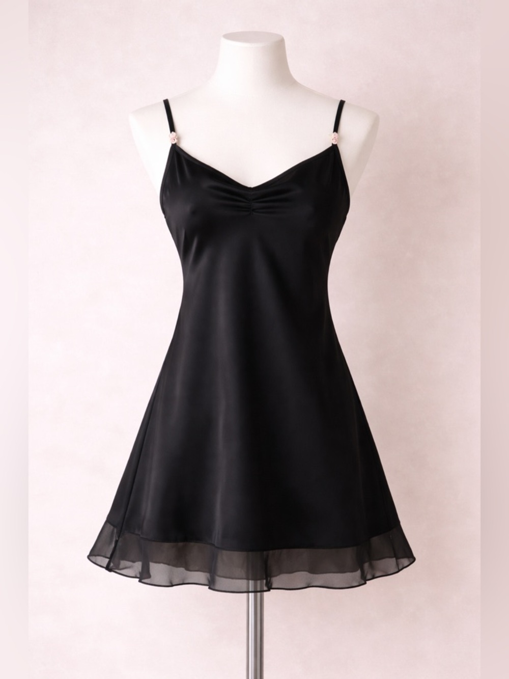 Natori Josie Black Satin Chiffon Babydoll Chemise Nightgown Pink Floral Straps S